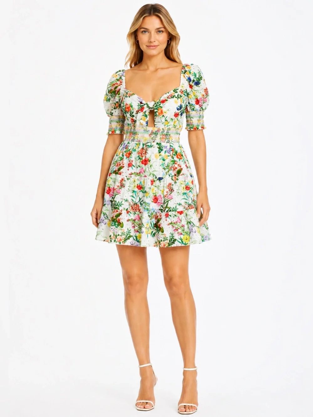 Alice + Olivia “Kristie” White Floral Puff Sleeve Mini Dress - Sz 0 - Picture 4 of 9